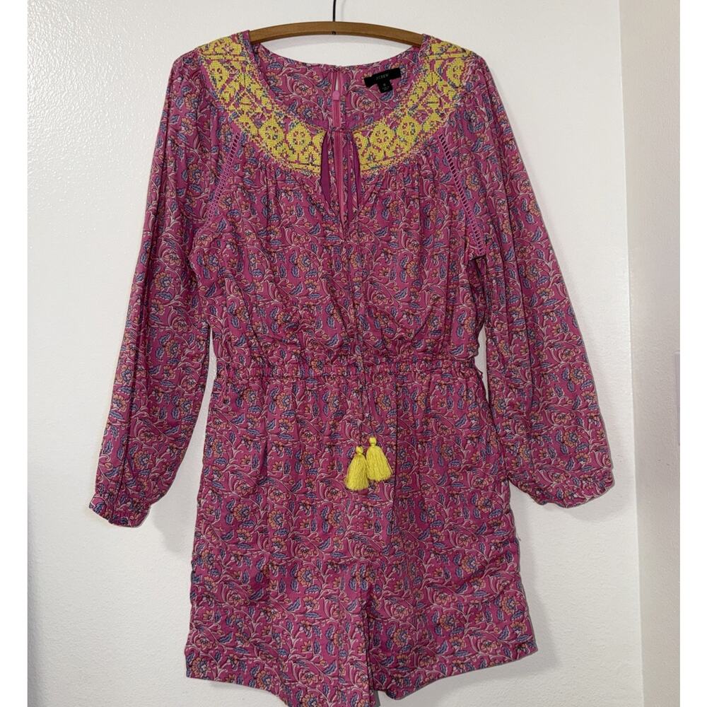 J.Crew Size 8 Embroidered Romper Pink Floral Boho Summer Festival 100% Cotton